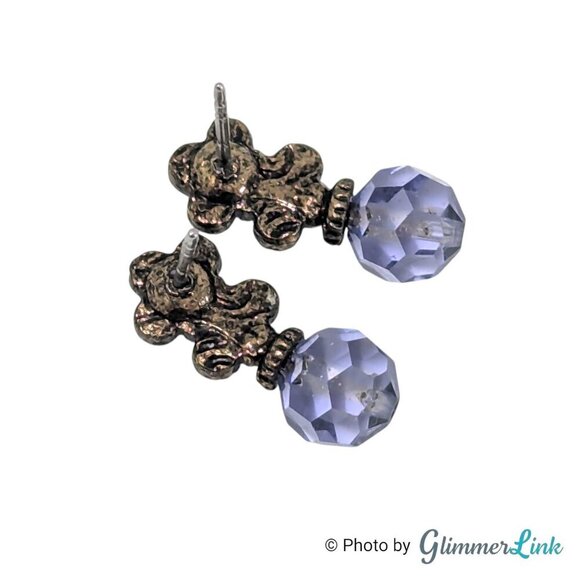 1928 Dainty Purple Crystal Flower Tiered Bronze Tone Pierced Stud Earrings - Picture 4 of 5